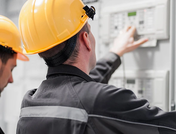 Two expert technicians performing professional circuit breaker installation with precision and safety.