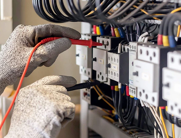 Technician wearing gloves testing breakers during professional electrical panel upgrade service.