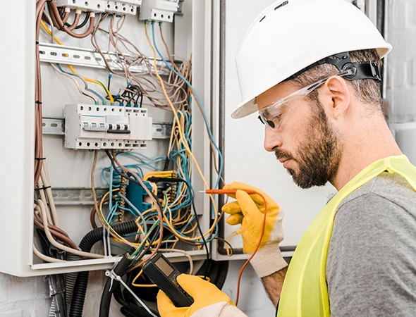Technician in safety gear testing circuit board wiring and current flow with ammeter during lighting fixture maintenance.