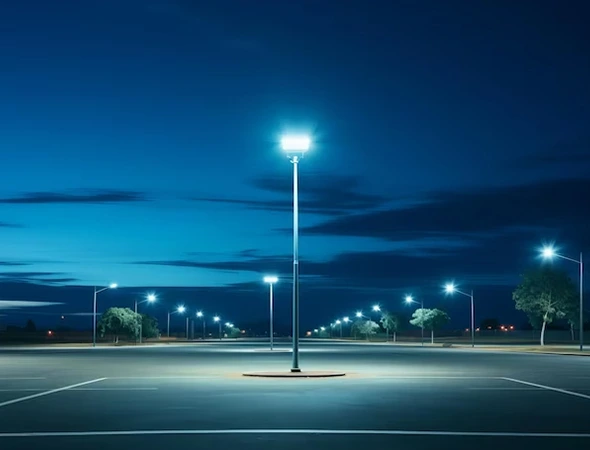 Parking lot lighting installed to enhance visibility and safety for vehicles parked in designated parking areas.