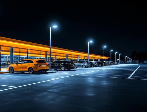 LED parking lot lighting installation in a parking area with cars, providing bright and efficient illumination.