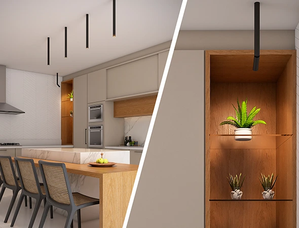 ChatGPT said: Comparison image showing before and after effects of Residential LED Lighting Service in a home setting.