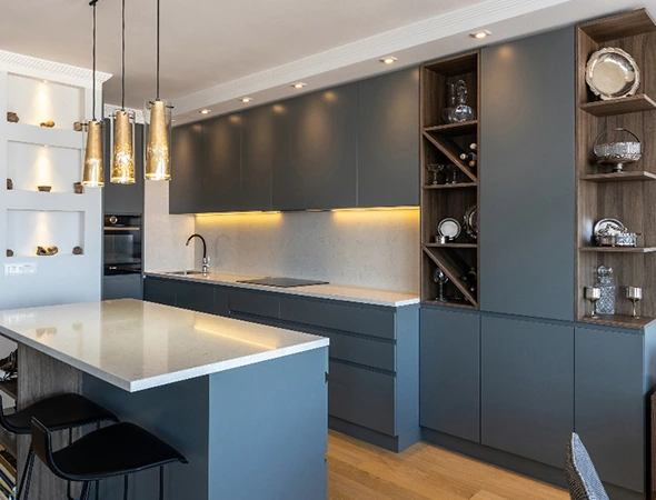 Kitchen with sleek under cabinet lighting solutions installed, providing bright, focused, and stylish workspace illumination.